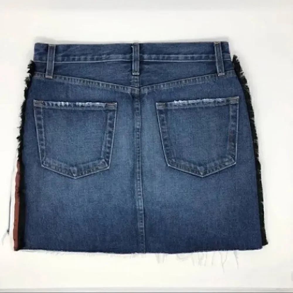 Frame Denim Mini Skirt with Raw Staggered Hem and Side Stripe/Fringe. Size 25.